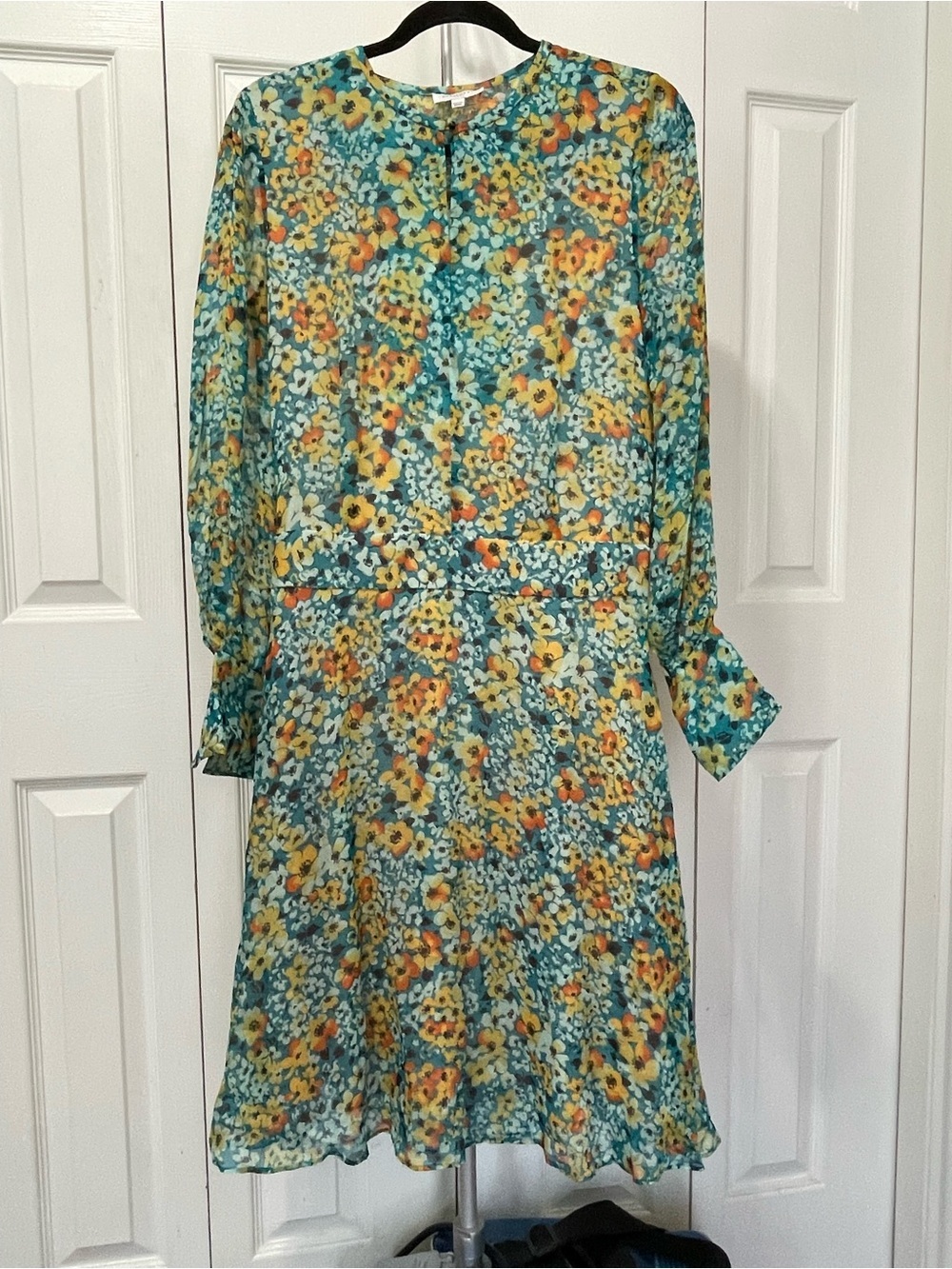 Floral Sheer Long-Sleeve Tea Dress in Teal and Yellow